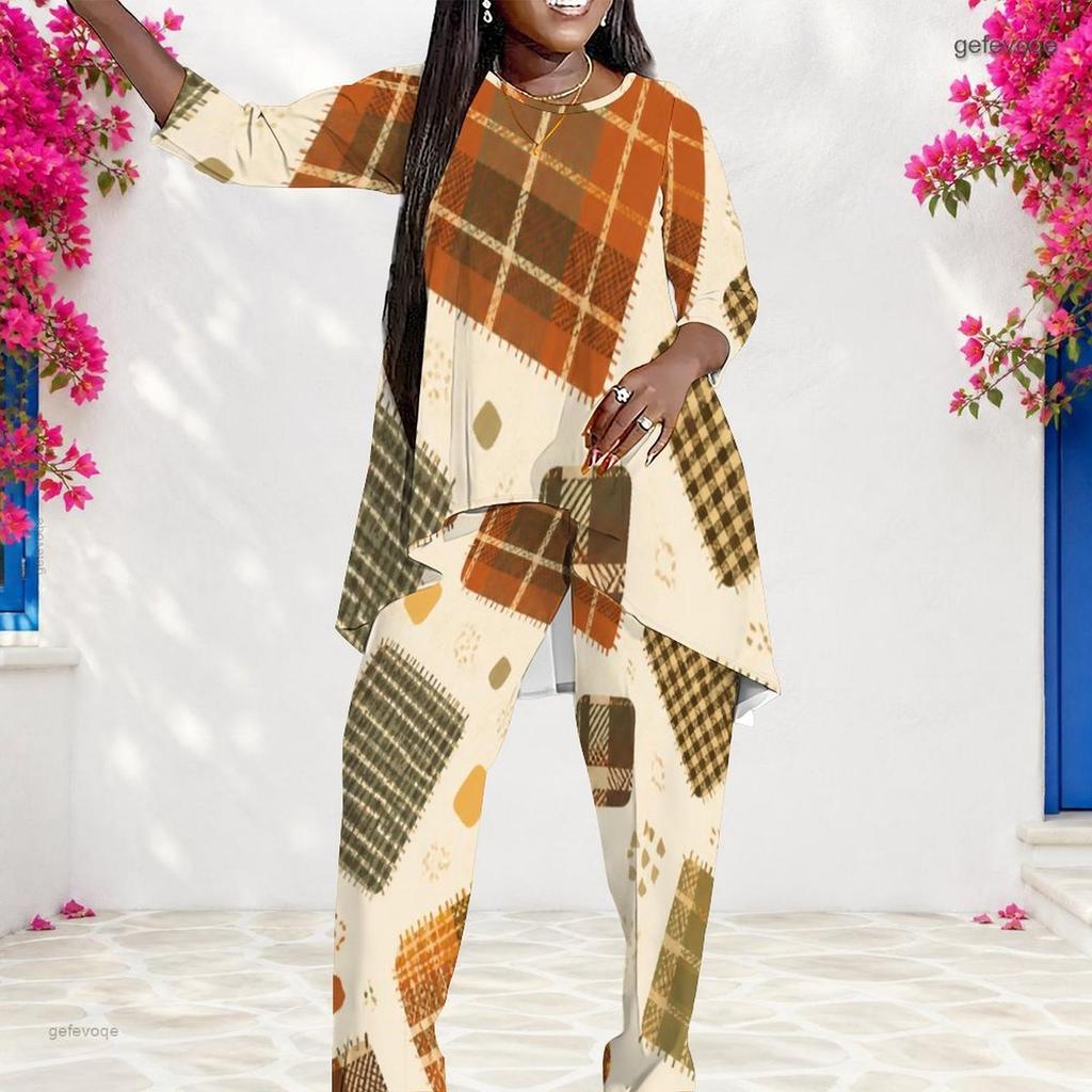 Women Plus Size Round Neck Long Sleeve Printed Layered Top Long Pants Two Piece Set