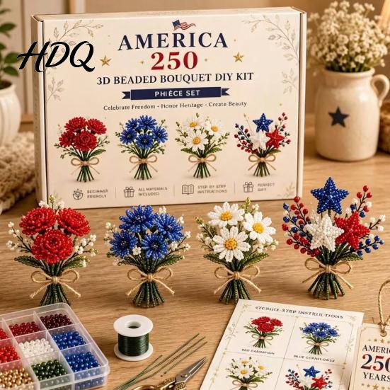 Korálkový buket Řemeslo 3D korálkovací sada Amerika 250. výročí DIY Sada pro začátečníky Květinové korálkové umění pro dospělé Začátečníky Malá sada