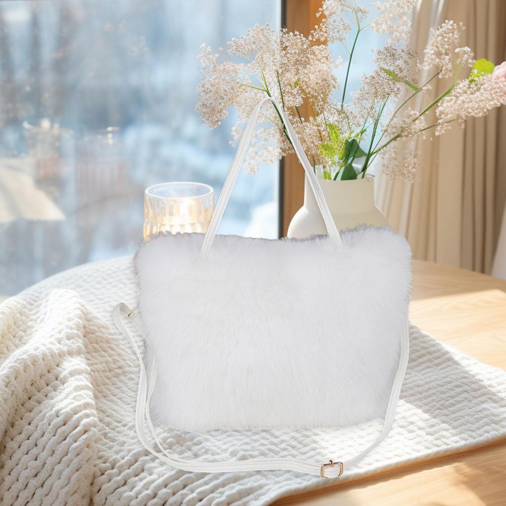 Furry Tote Bag Satchel Lightweight Cute Soft Top Handle Handbag with Adjustable Strap Crossbody Bag for Shopping Commuting Work