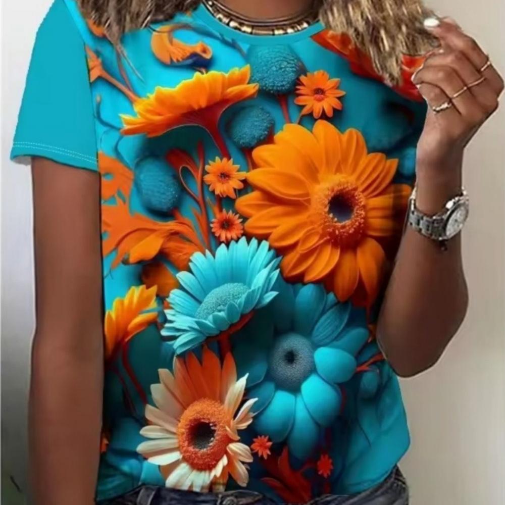 Summer Women's 3D Printed Crew Neck T-Shirt Fashion Versatile Breathable Trend Casual