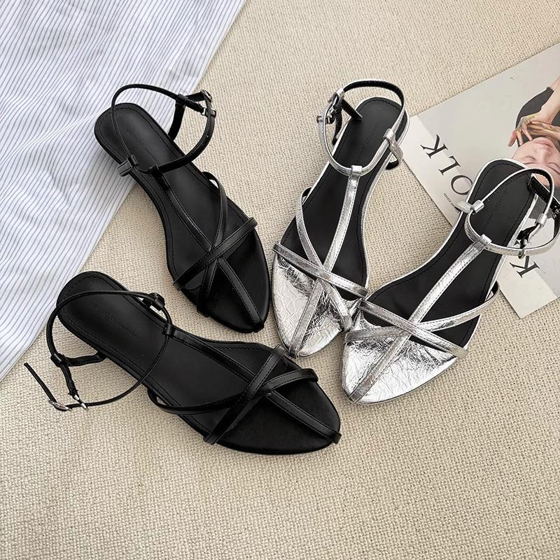 Roman Sandals Women's 2025 Summer New Low-heeled Pointed French Silver Temperament with Skirt Fashionable Cross-strap