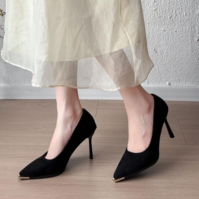 2026 Women's New High Heeled Shoes Pointed Toe Black Suede  Luxurious and Elegant Women's Shoes