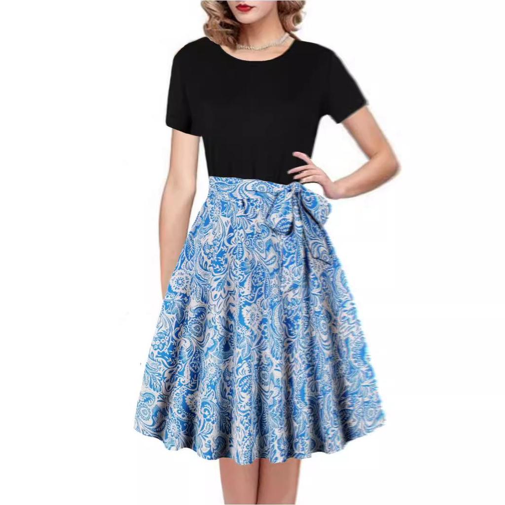 Round Neck Short-Sleeve Printed Dress