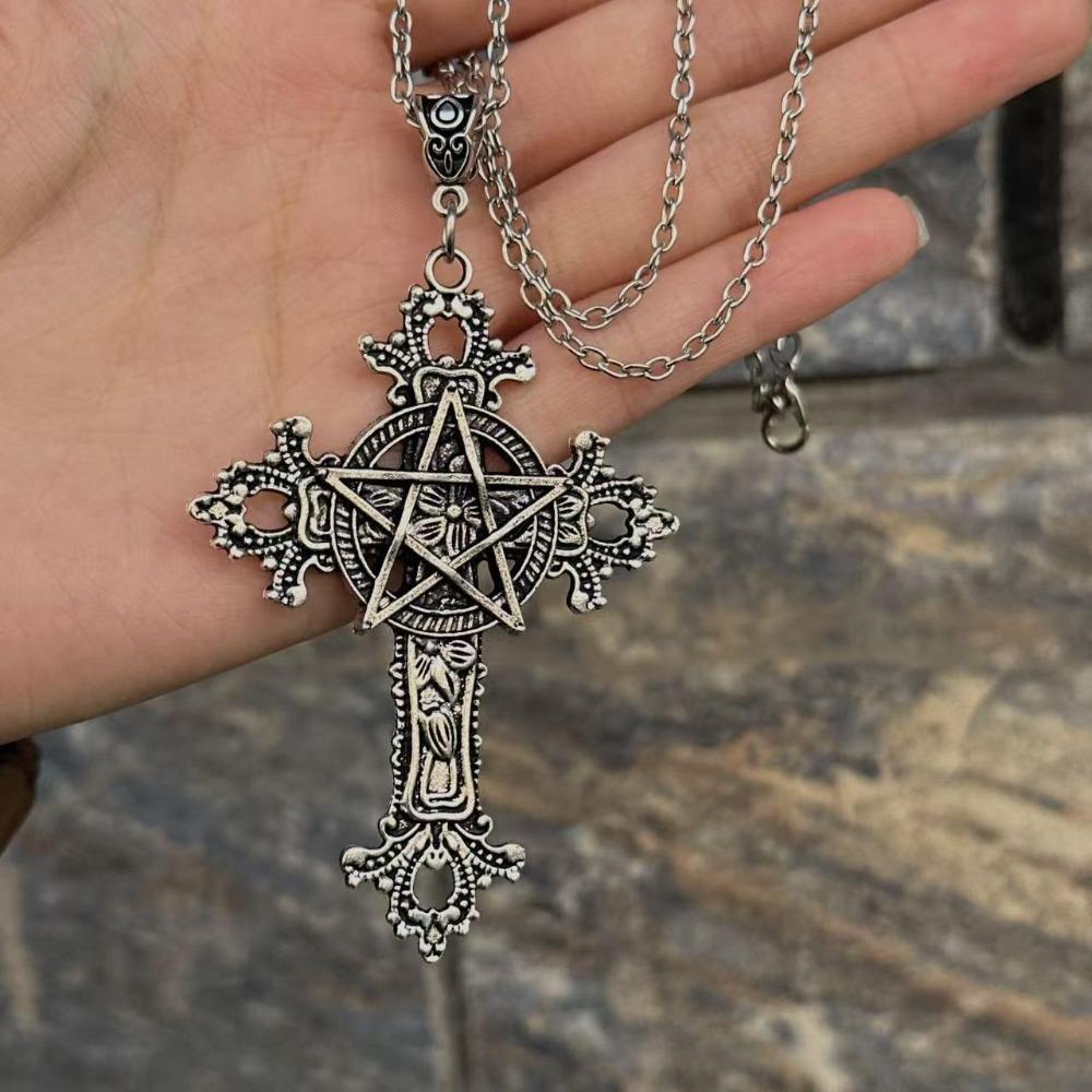 Hip Hop Punk Sliver Color Large Cross Five-pointed Star Flower Pendant Necklace for Women Hallowmas Personality Jewelry Gifts