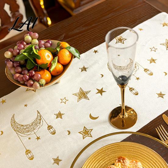 Modern Table Dressing Eid Mubarak Runner Ramadan Gold Moon Stars Tablecloth Islamic Happy Party Decorations Holiday Rectangular Cloth for