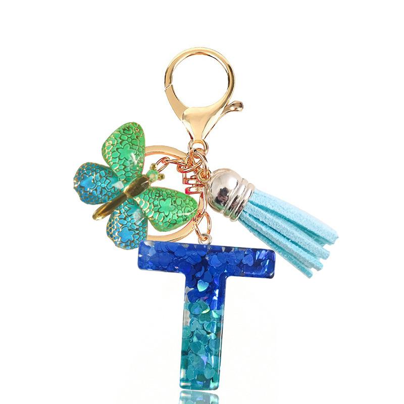 Blue Series 26 Epoxy Letter Keychain Holiday Love Fringe Accessories Gradual Change Butterfly Keychain