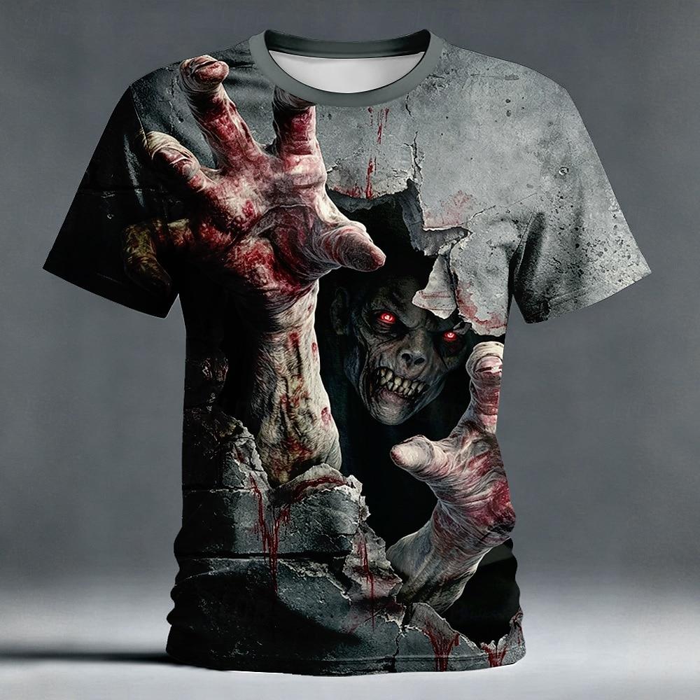 Halloween Men's Skull Optical Illusion 3D T Shirt Short Sleeve T shirt 3D Print Crew Neck Shirt Horror Club Party Streetwear