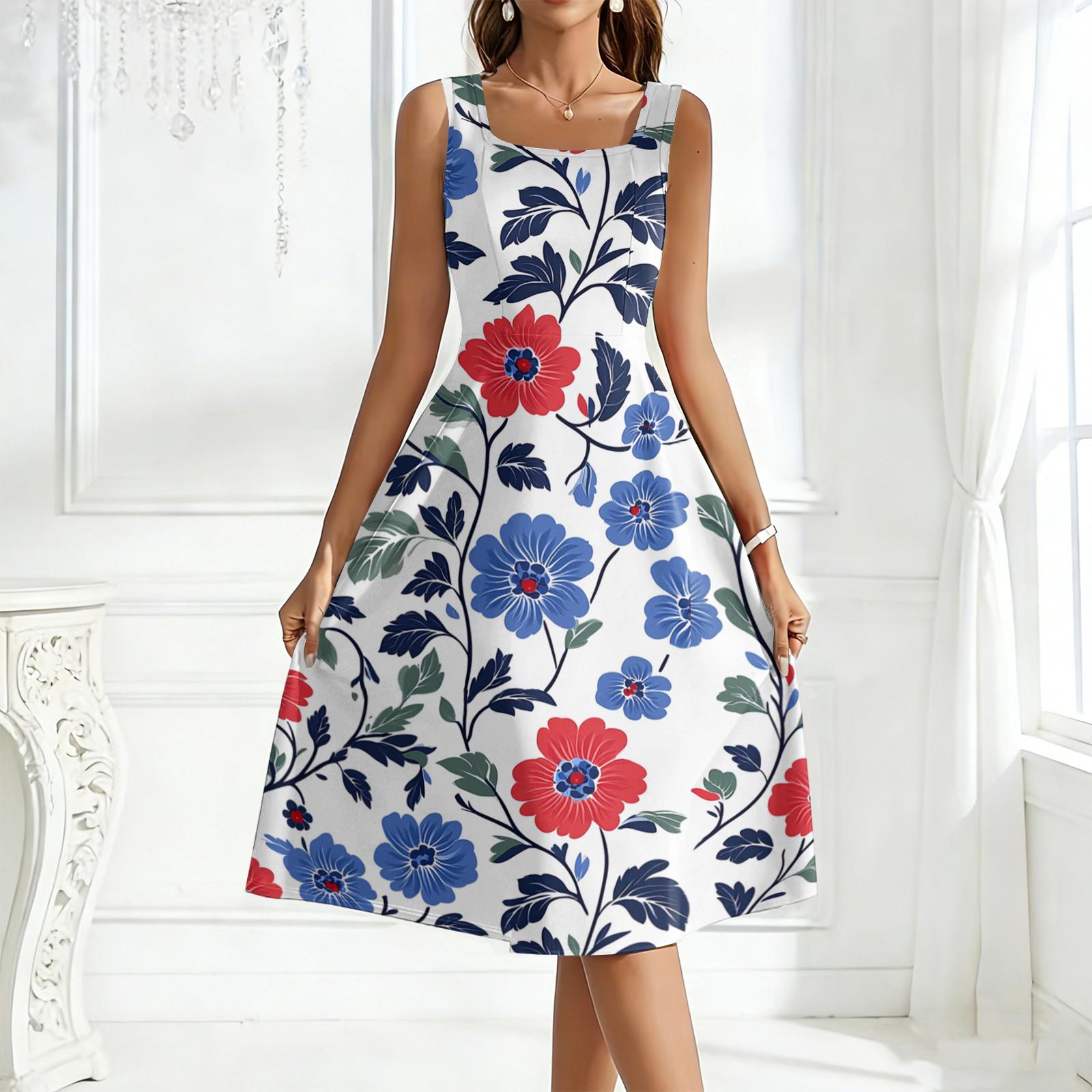 

Sleeveless A-Line Midi Dress with Star and Pattern Scoop Neck Printed Casual Summer Dress for Women L синий