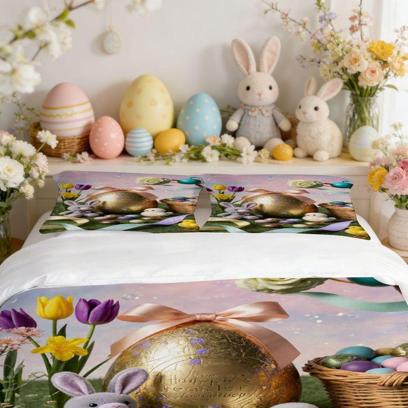 Bedding Pillowcase Quilt Cover 3-Piece Set Rabbit Chicken Colorful Egg Floral Pattern, Easter Home Decoration