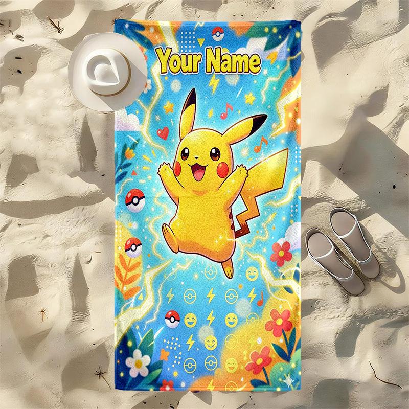 Custom Name Pikachu Jump Stylish Digital Printing Beach Towel Quick‑Drying Absorbent Blanket for Beach Pool Gym Travel