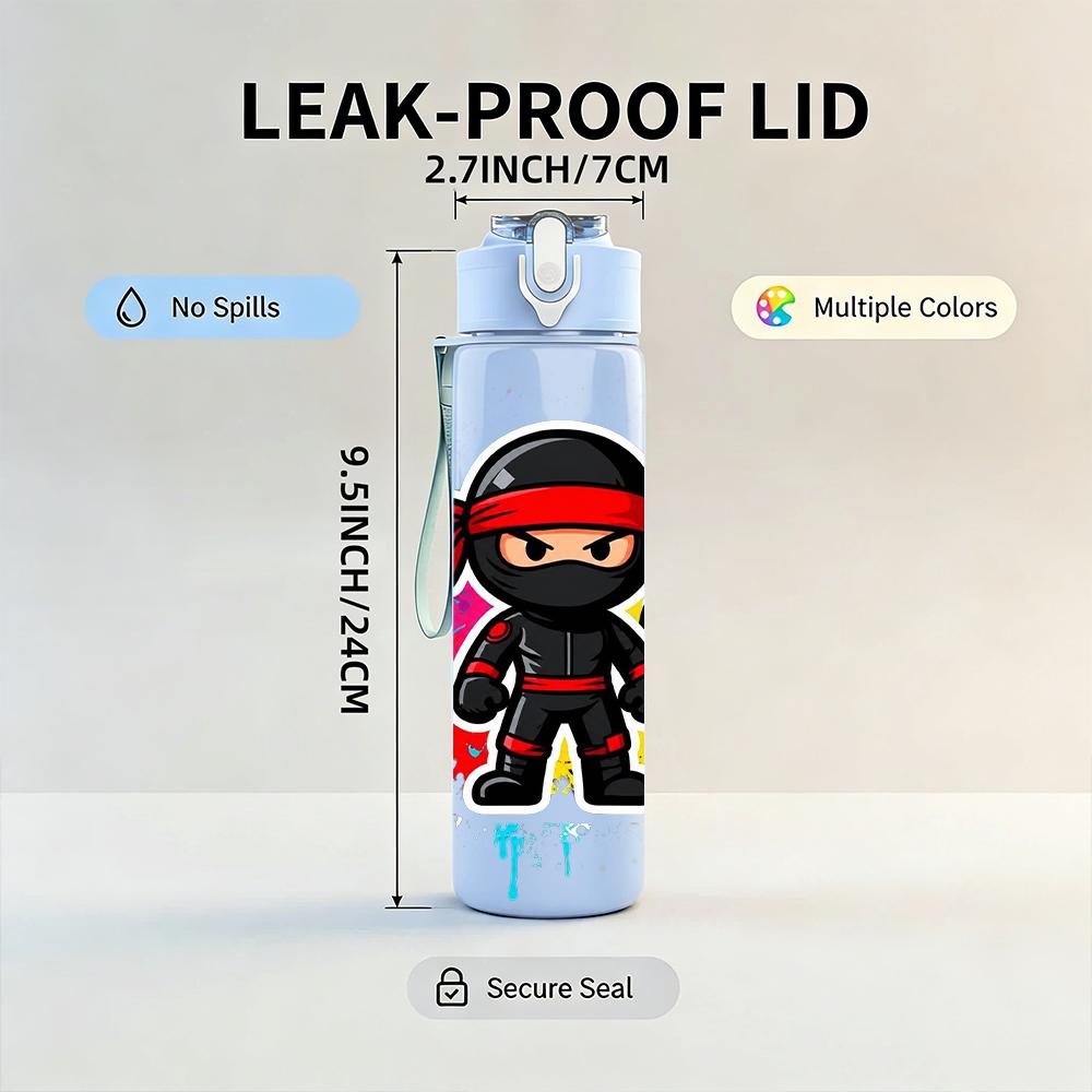 1pz Ninja Kid Ritratto a Schizzi di Colore 750ml Bottiglia d'Acqua Colorata in Plastica Tappo Flip-Top Anti-Perdita Per Sport Ufficio Uso Domestico