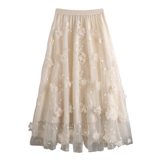 Women Midi Skirt Elastic High Waist Floral Embroidery Print Mesh Skirt Double Layered Tulle Large Hem A-Line Skirt