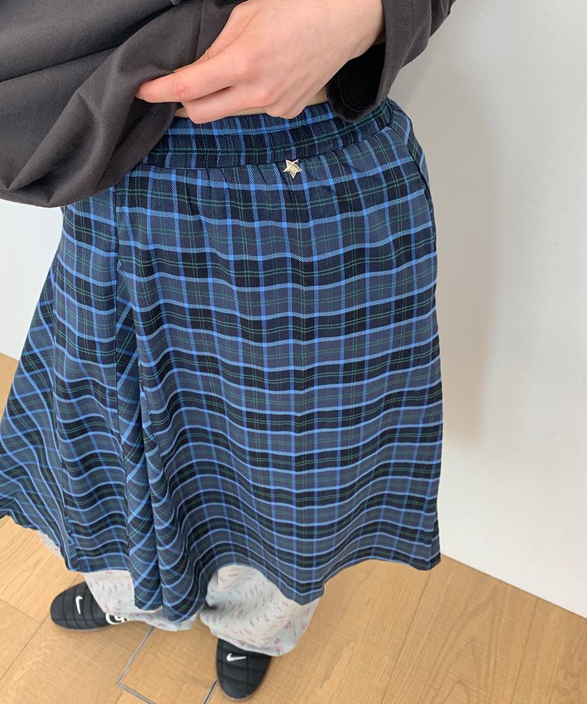 Ronron Check Flare Banding Midi Skirt Blue