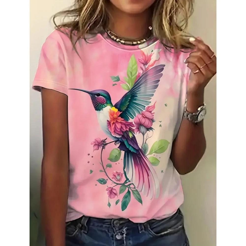Color Animal Bird 3D Print Women Casual O-Neck Short Sleeve Harajuku Streetwear Y2k Tops