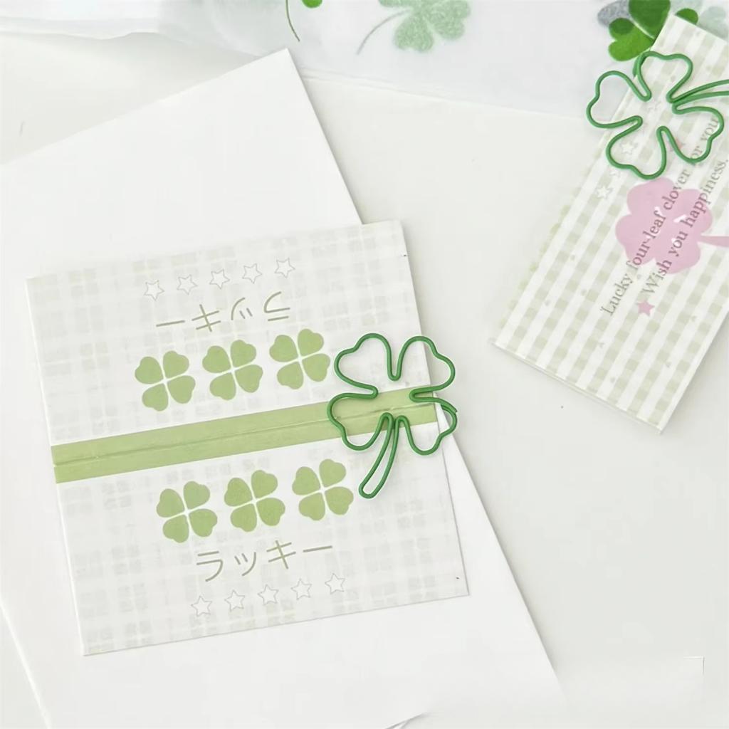 10Pcs Cute INS Green Four-leaf Clover Paperclips Lovely Girl Scrapbook Decor Binder Clip Office Document Bill  Binding Supplies