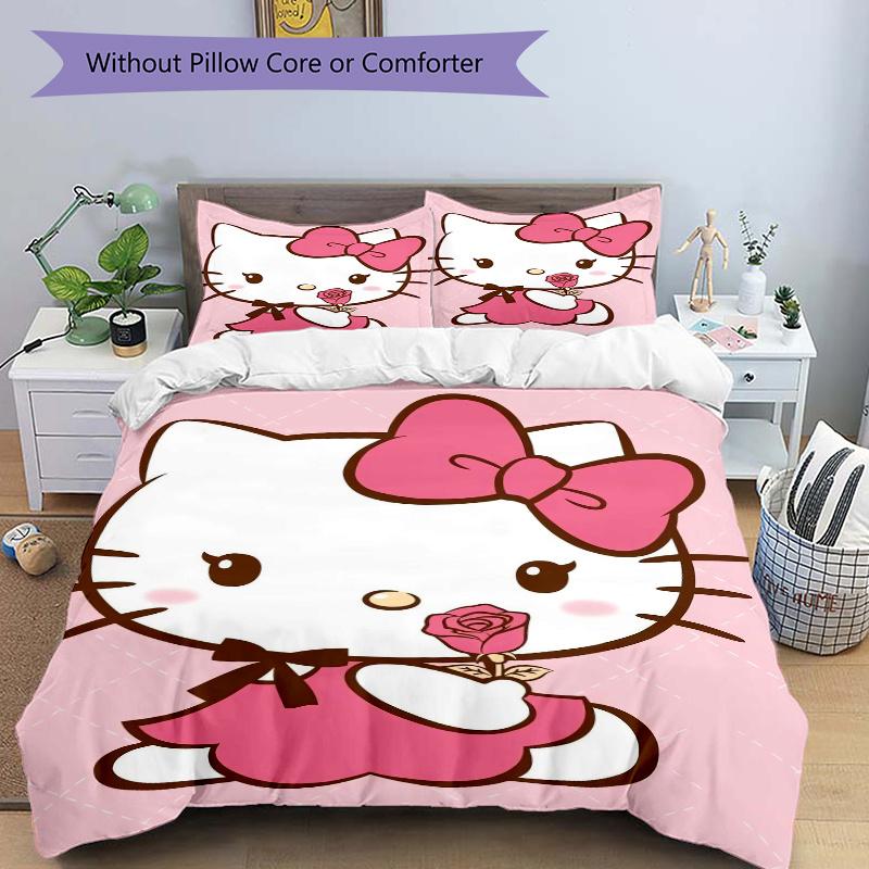 3pcs Rose Hello Kitty Sanrio Quilt Set Cartoon Themed Bed Quilt Set Lovely Character Bedroom Decor Bed Quilt Set Four Seasons (1 Cover + 2Pillowc