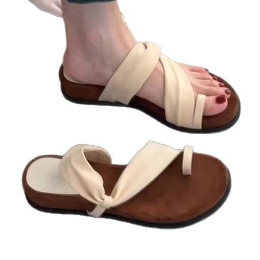 Soft leather version~ French retro fairy style vacation with skirt cool slippers female round head with simple Roman shoes