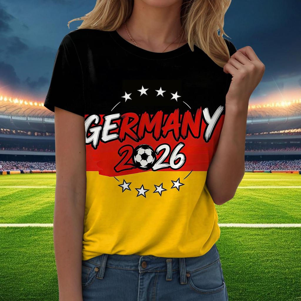 Damen Freizeit Pullover T-Shirt Kurzarm Rundhals Buchstabendruck Oberteil zur Fußballunterstützung Deutschland 2026 Fanartikel