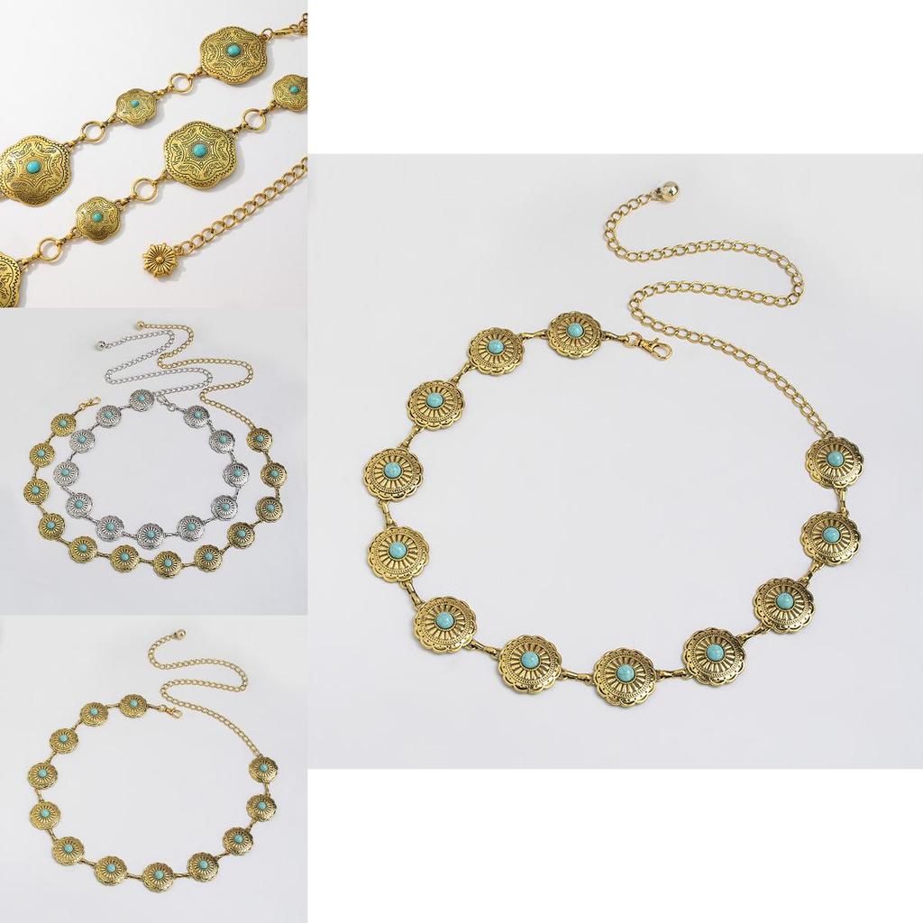 Bohemian Turquoise Floral Metal Waist Chain For Women Summer Fashion Jewelry
