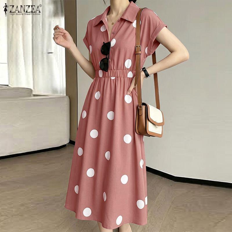 ZANZEA Women Casual Turn Down Collar Loose Short Sleeve Polka Dot Print Dress
