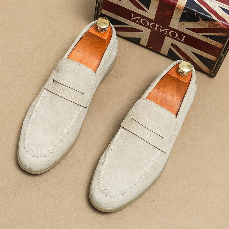 Britain Retro Men Pointed Suede Flats Genuine Leather Shoes Casual Penny Loafers Formal Dress Footwear Sapatos Tenis Masculino