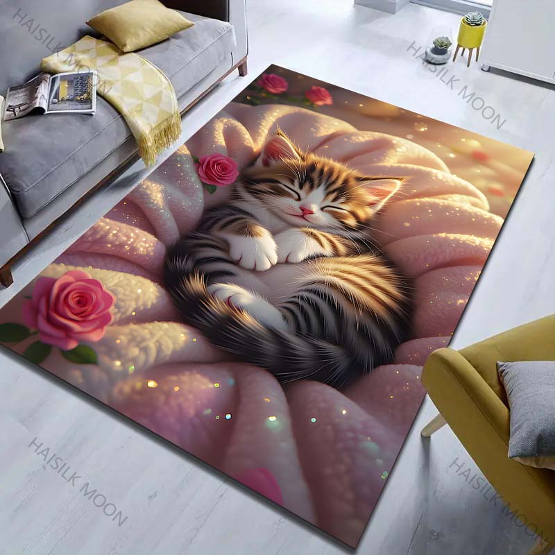 Multiple sizes Kitten sleeping on pink blanket Carpet for Living Room Bedroom Sofa Home Decor Rus Non-slip Floor Mat Gift