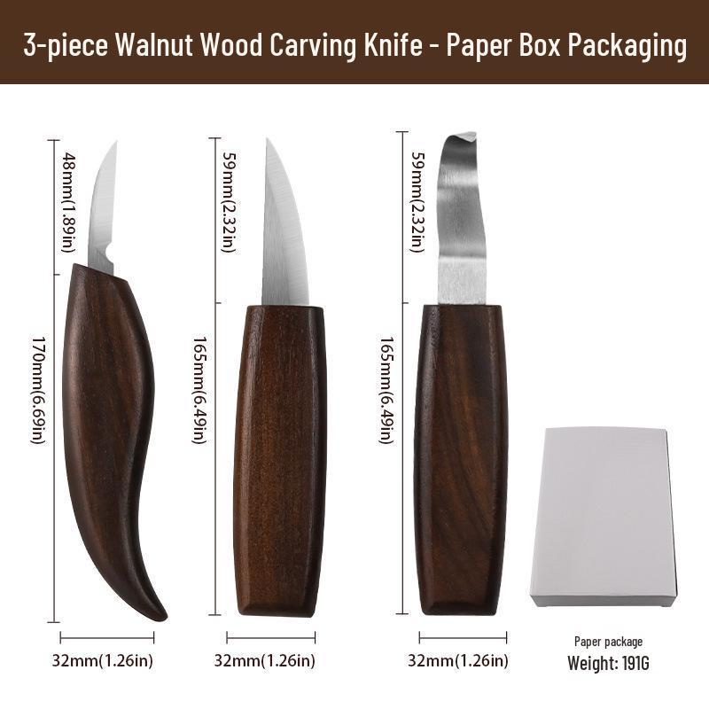 Wood Carving Tool Set: Walnut Handle, Curved & Straight Knives, Ideal for Woodworking & Hand Carving.