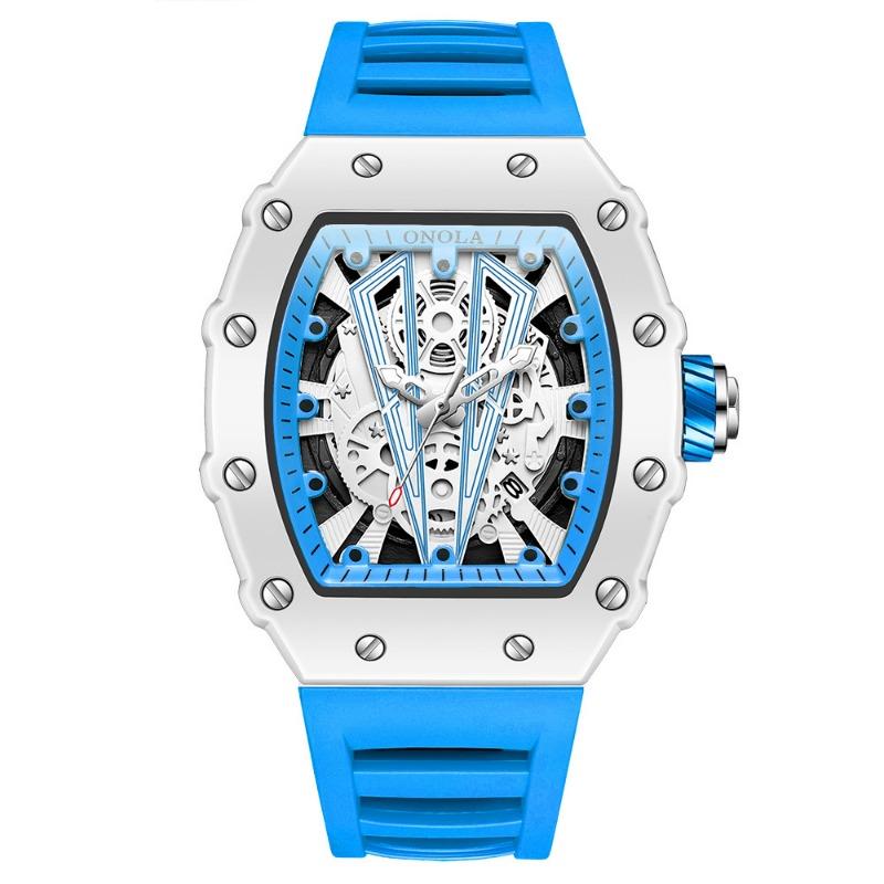 1PC Luxury Watch Men's Fashion Casual Multifunctional Silicone Tape Waterproof Quartz Watch White Blue