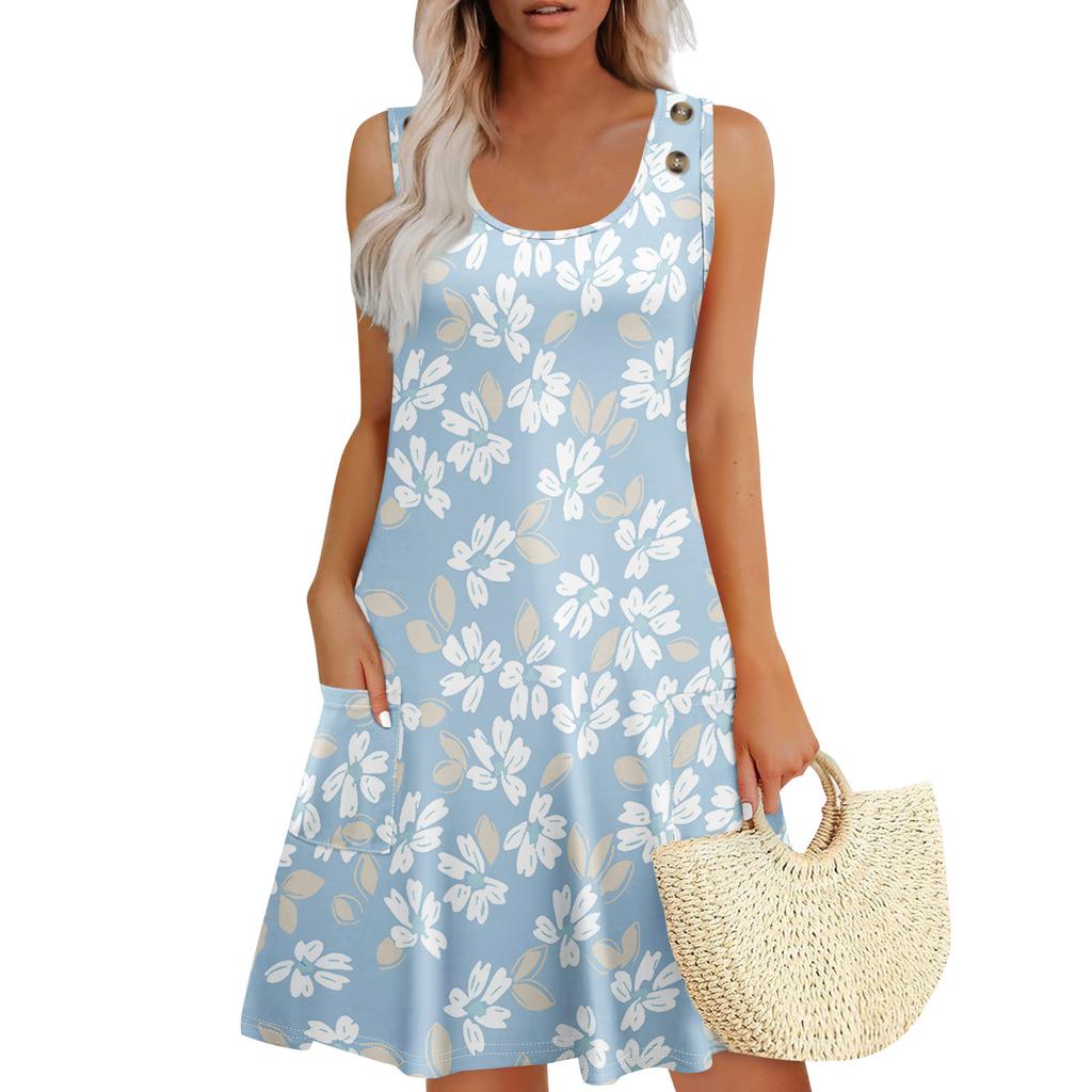 Summer Dresses For Women Beach Boho Sleeveless Printing Flowy Pocket Tshirt Tank Sundresses