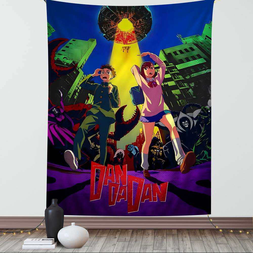 Popular Anime Dandadan Tapestry  Neon MultiColor Decor Banner Wild Character Art  Bold DANDADAN Typography Trippy Accent