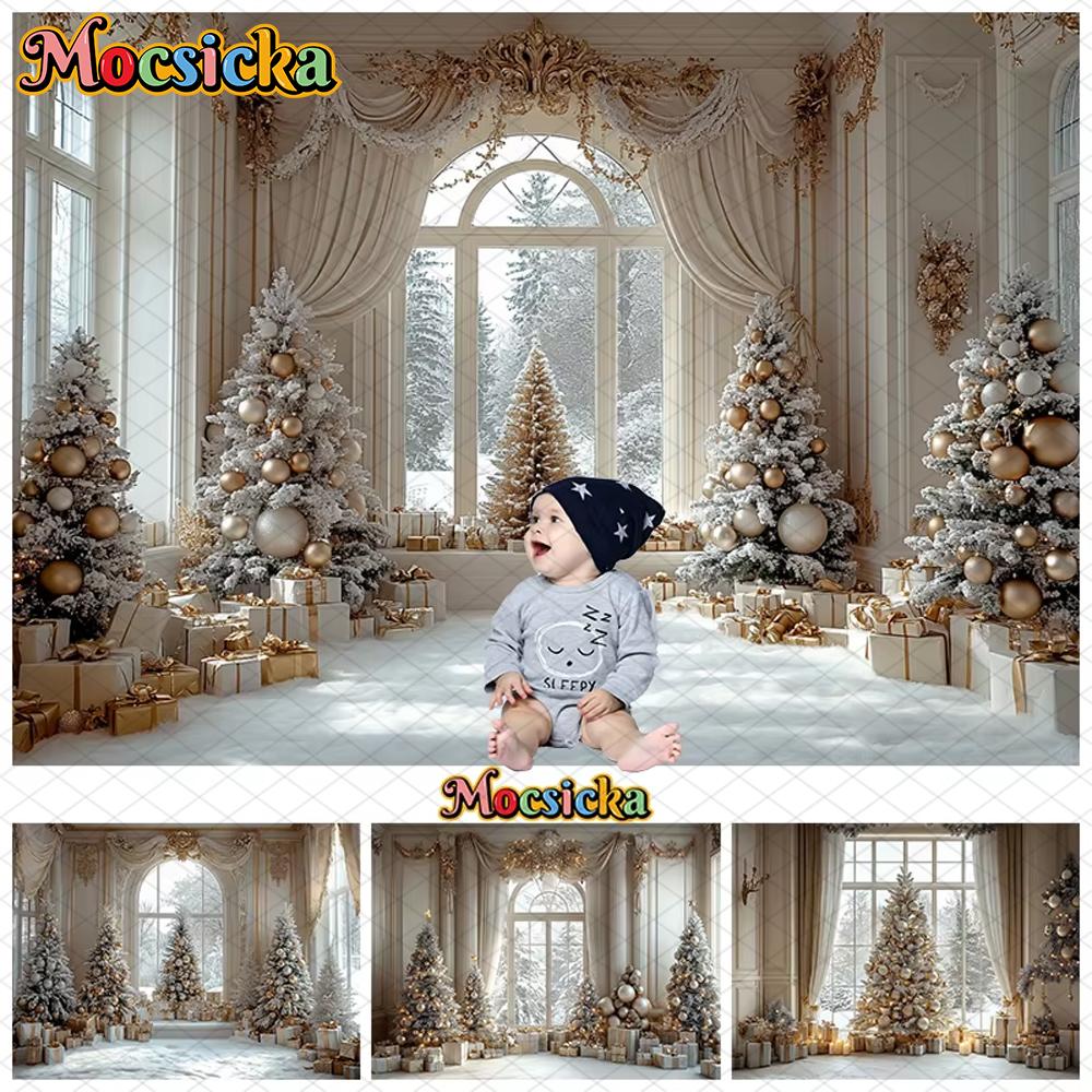 Mocsicka Christmas Background Photography Xmas Tree Winter Snow Home Window Gifts Decoration Baby Shooting Backdrop Photo Studio