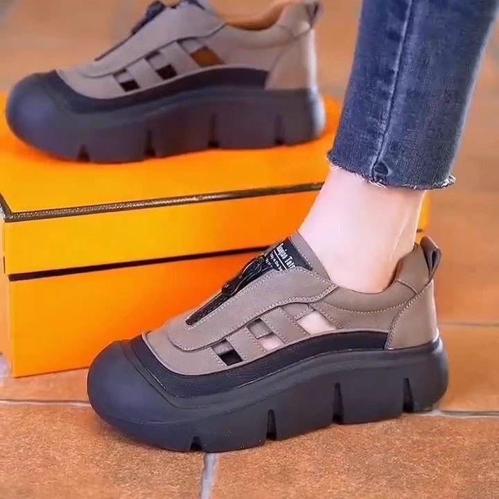 

Thick-soled heightening sports single shoes 2024 autumn new round head low-top front zipper hollow breathable casual shoes 40 сірий колір