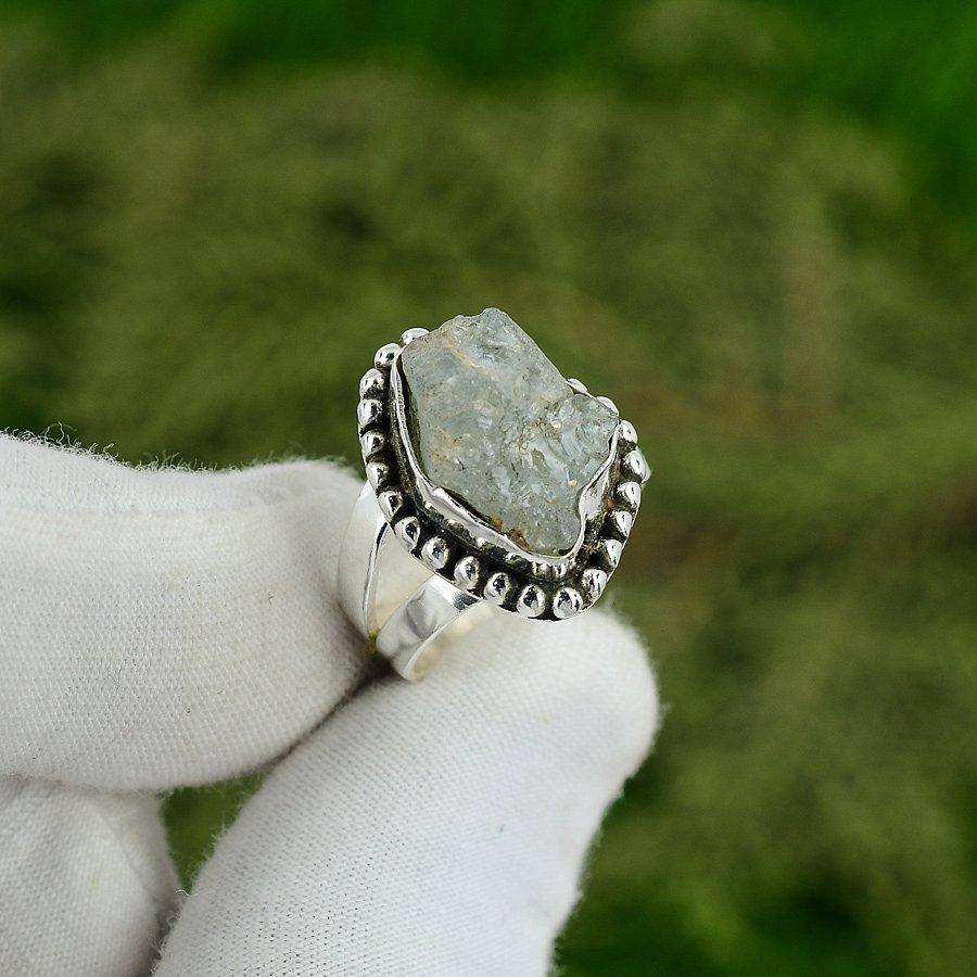 Mothers day Sale Pentagon Aquamarine Rough Stone 925 Silver Promise Ring Size 7 7