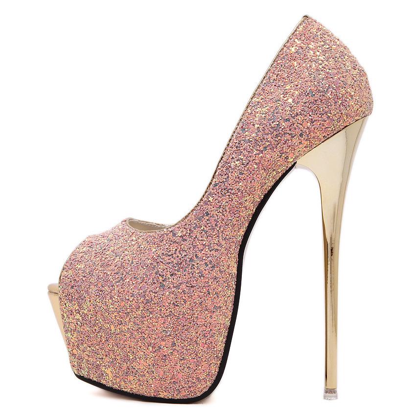 Sexy fish mouth shallow mouth fine heel sequins waterproof table high heels temperament fashion women's shoes