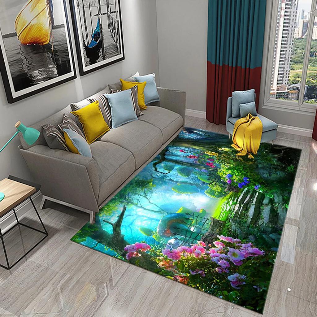 Colorful Magic Forest Flower Carpet Psychedelic and Dream Forest with Animal Living Room Bedroom Bathroom Entrance Non-Slip Rugs