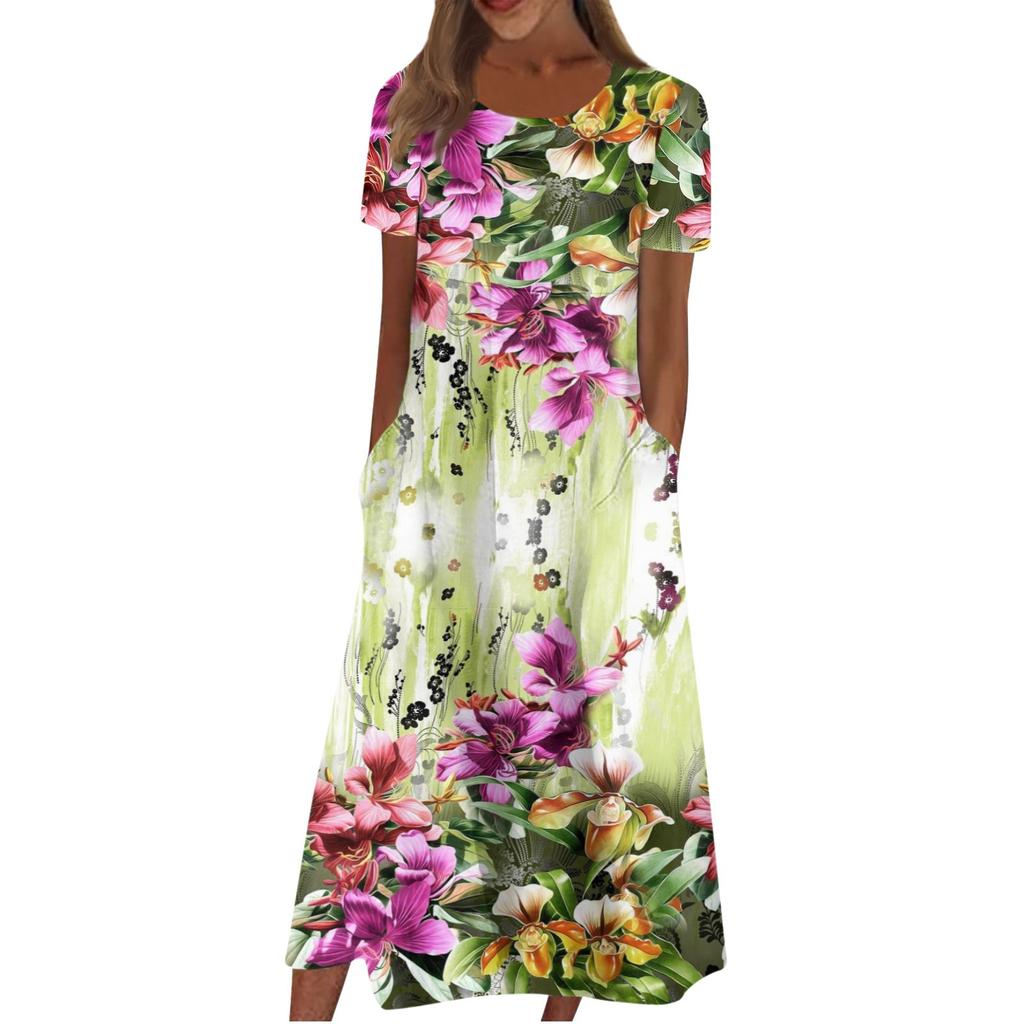 Women's Casual Dresses Printed Dresses Summer Dresses Printed Pleated Round Neck Midi Dresses Basic Classic Outdoor Daily Short Sleeve Loose Dresses