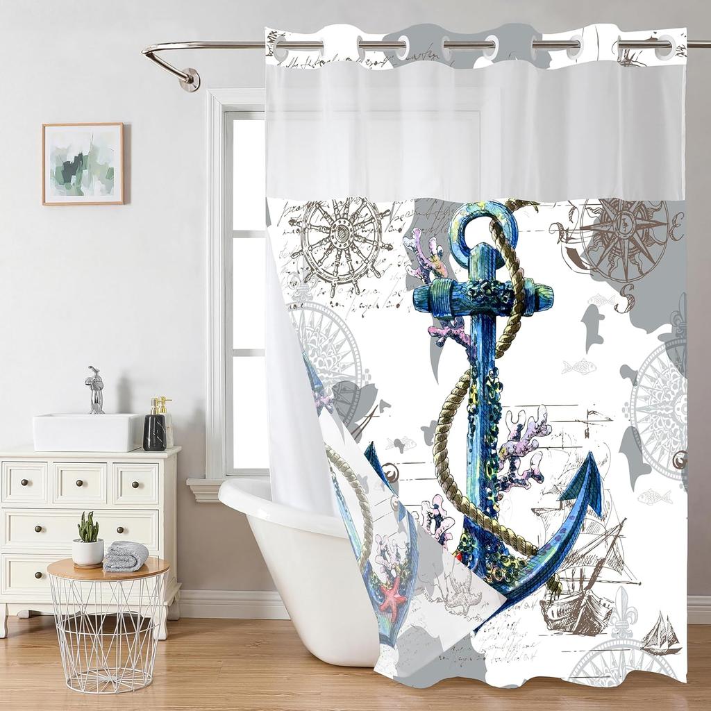 Nautical Shower Curtain No Hook with Snap in Liner, Anchor Ship Wheel Hotel Bath Curtains Decorative for Bathroom, Ocean Coastal Maritime Home Decor,