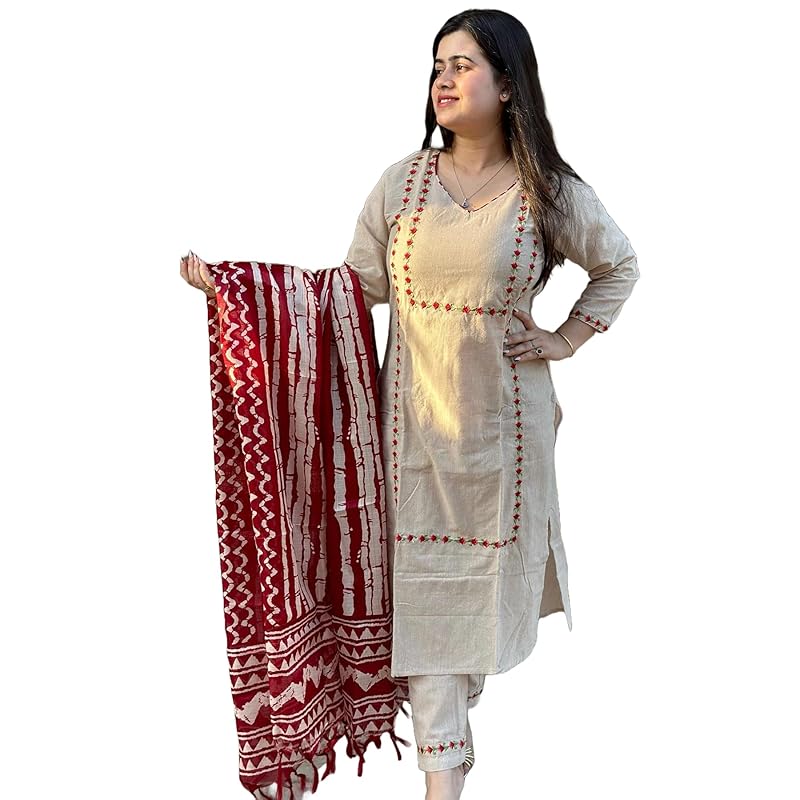 GoSriKi Ladies Rayon Blend Embroidered Straight Kurta with Trousers and Dupatta, beige, XXL
