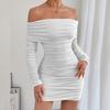 New Autumn Winter Women's European American One-line Collar Long-sleeved Pleated Slim-fit Hip-hugging Sexy Dress