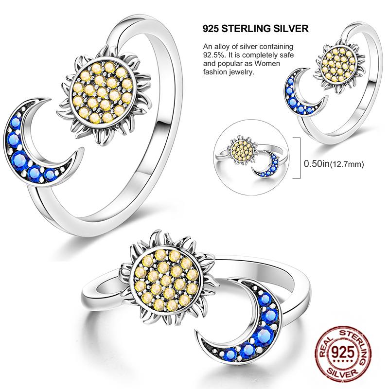 Free Size 925 Sterling Silver Ring Butterfly Sun Moon Sunflower Crystal Original Adjustable Rings for Women Wedding Jewelry Gift