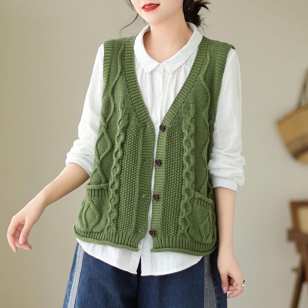 Johnature Women Vintage Sweaters Vests V-Neck Sleeveless Patchwork Pockets Coats Knitted Cotton Clothes Fall Sweaters