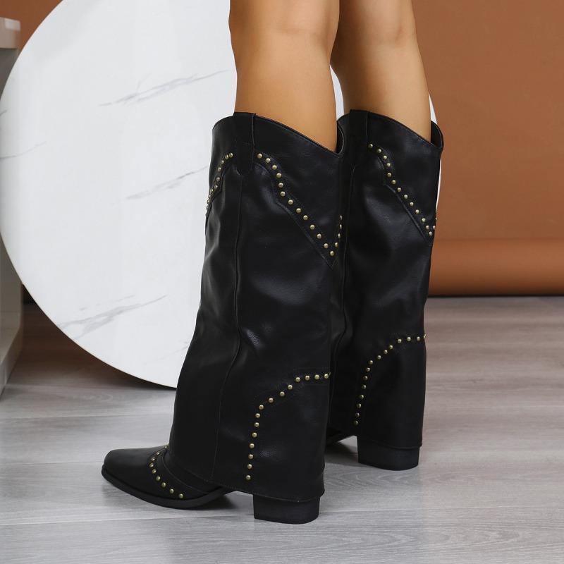 Women's Retro Studded Knee-High Boots, French Style Western Cowboy Riding Boots, Slim Fit Tall Fall Winter Shoes