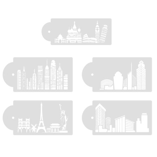 

1 набор шаблонов для украшения торта в виде городских зданий, антипригарный шаблон для торта с закругленными краями из ПЭТ, кухонные принадлежности белый