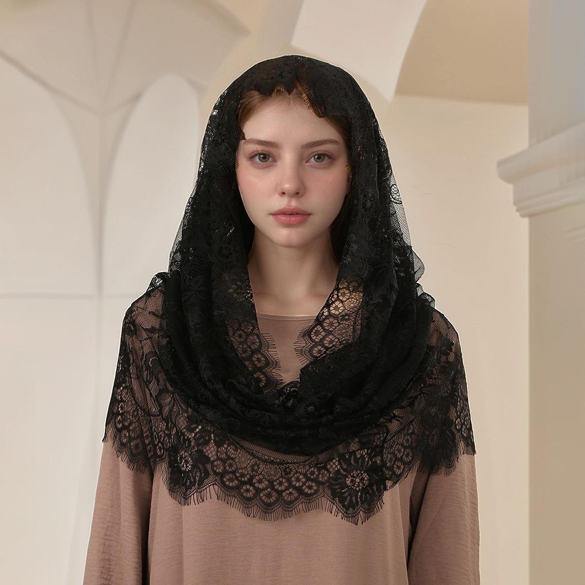 

Embroider Lace Scarf Church Shawl Women Solid Color Wedding Temperament Veil Scarf 53*55Cm