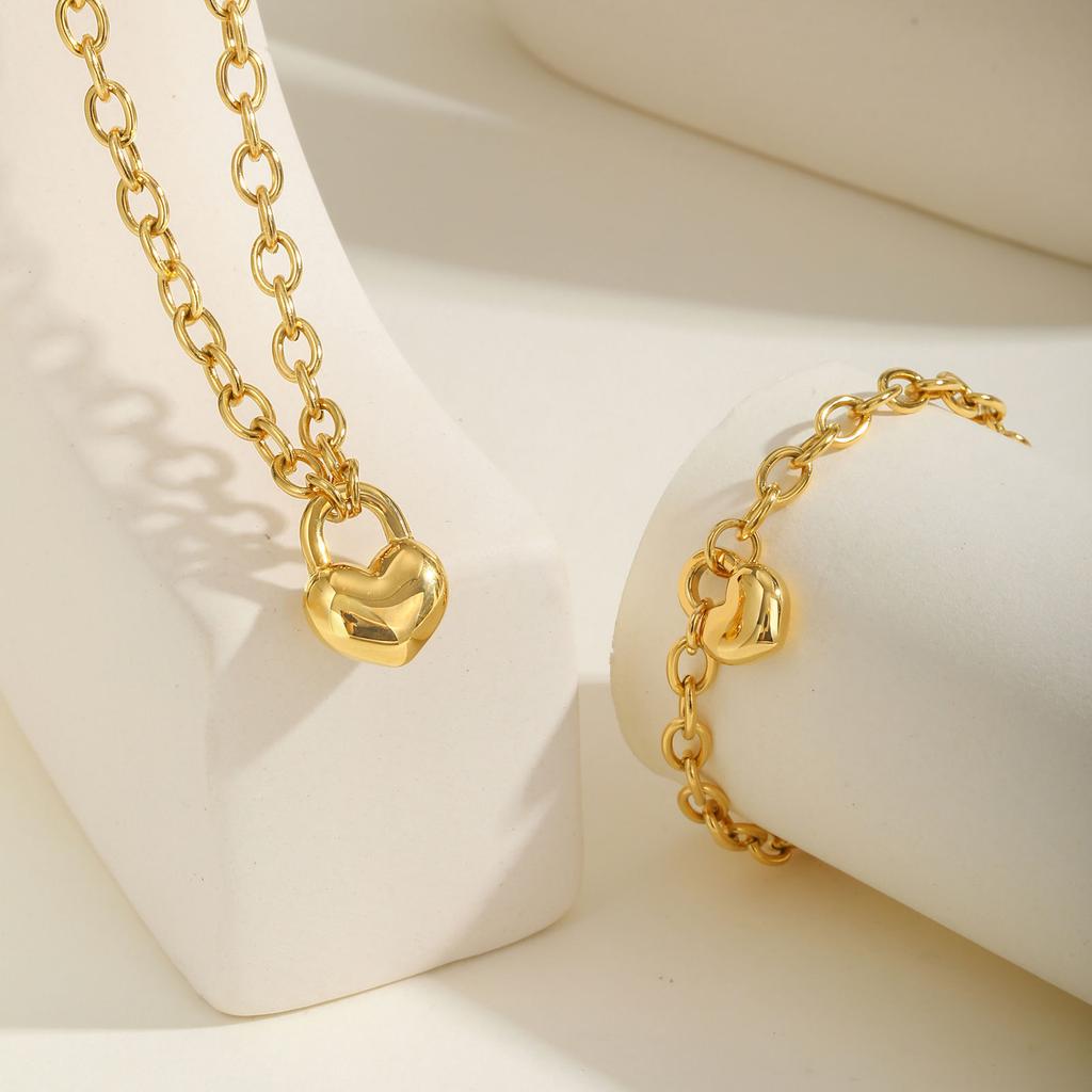 Stainless Steel Plated 18K Gold Round Cross Chain Heart Lock Bracelet Necklace Nc-