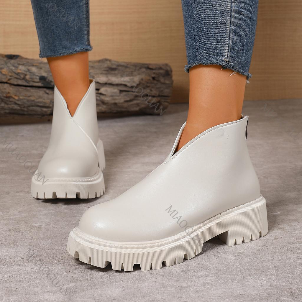 Fashion 2025 Autumn New Thick Sole Ankle Boots for Women Chunky High Heel Back Zipper Short Botines Casual Solid Round Toe Women Shoes