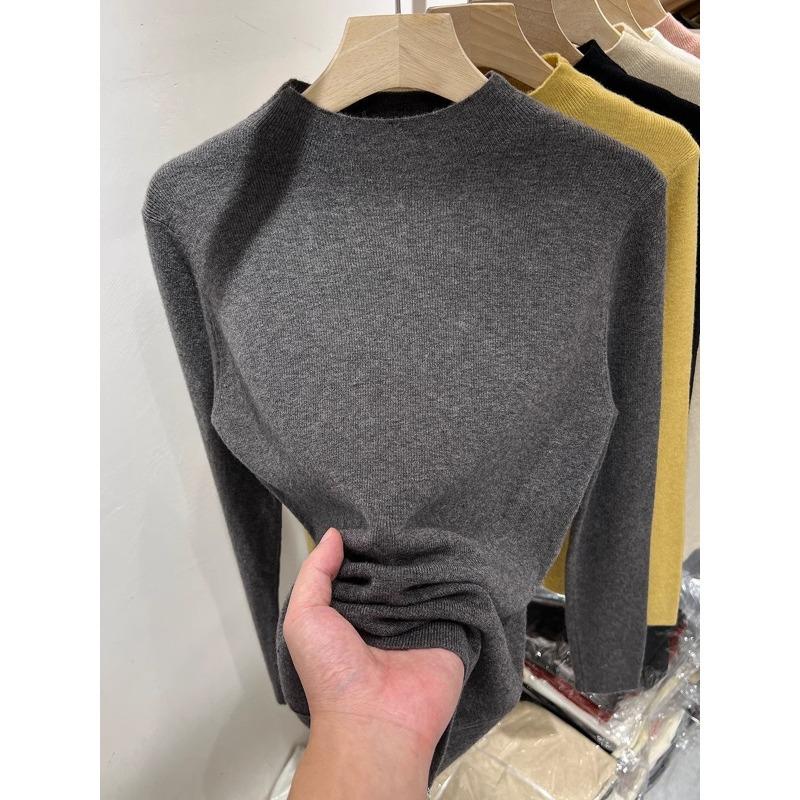 Solid color semi-turtleneck long-sleeved sweater stacked in autumn and winter, simple inner top, slim bottom knitted sweater