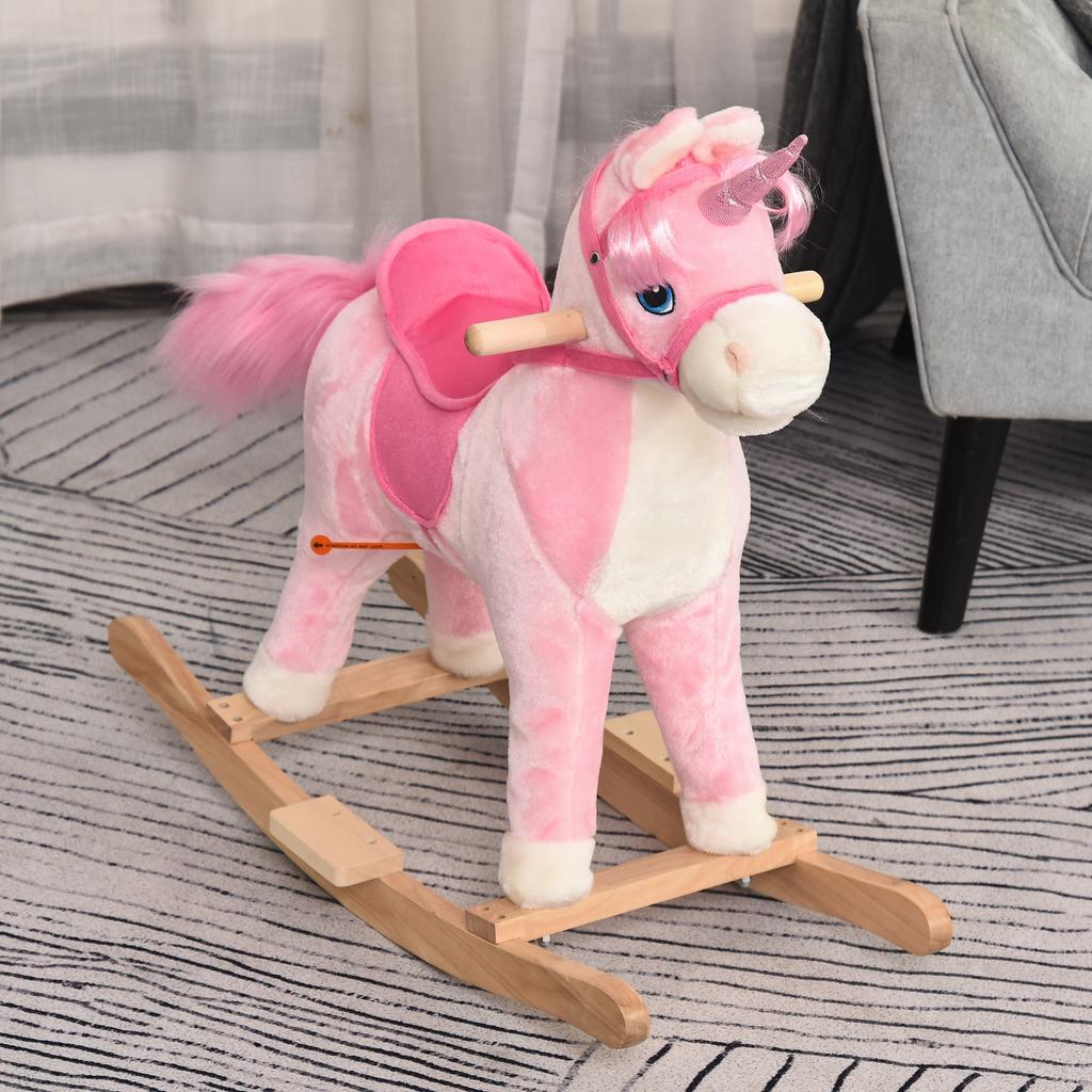 Kinder Plüsch Schaukelpferd Reittier Einhorn mit Geräusch Bewegendem Mund Wedelndem Schwanz Kinder Schaukeltier Spielzeug Geschenk 3-6 Jahre Rosa
