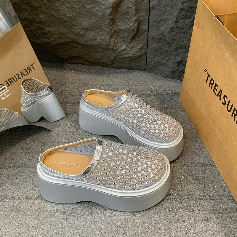 

Fashion Crystal Mules Platform Shoes Woman s Mesh Slippers Casual Flat Sandals Summer 2025 Trend Dress Comfort Wedges Sandalias Size 35 35 серебряный
