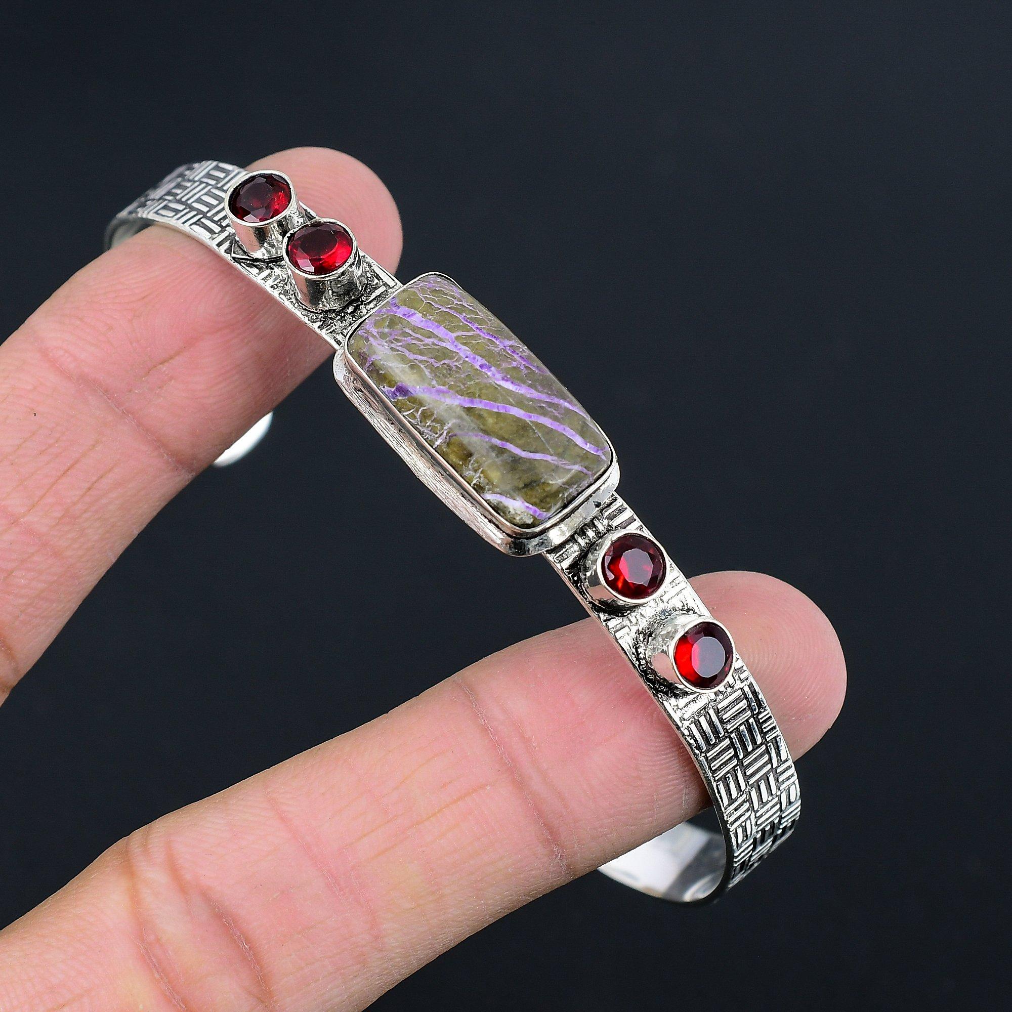 

Natural Purpurite Gemstone Bangle Adjustable 925 Sterling Silver Indian Jewelry Adjustable